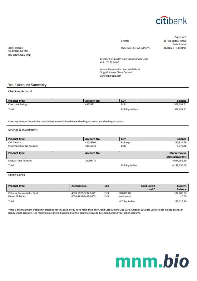 Francja Citibank wyciąg bankowy szablon w .xls i .format pliku pdf